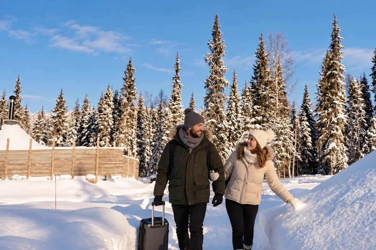 Coppia con abiti invernali e valigia cammina su un sentiero tra alti cumuli di neve a Rovaniemi.