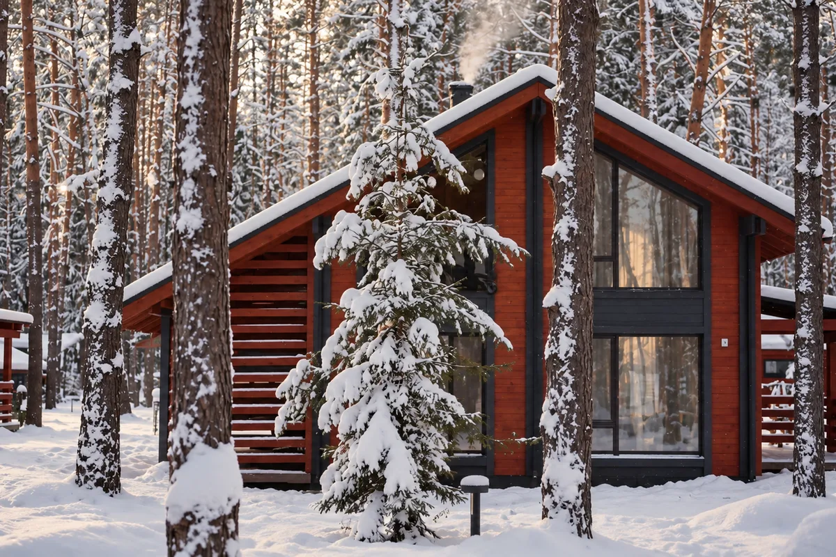 Baita di legno rossa tra i pini innevati in una foresta lappone d’inverno
