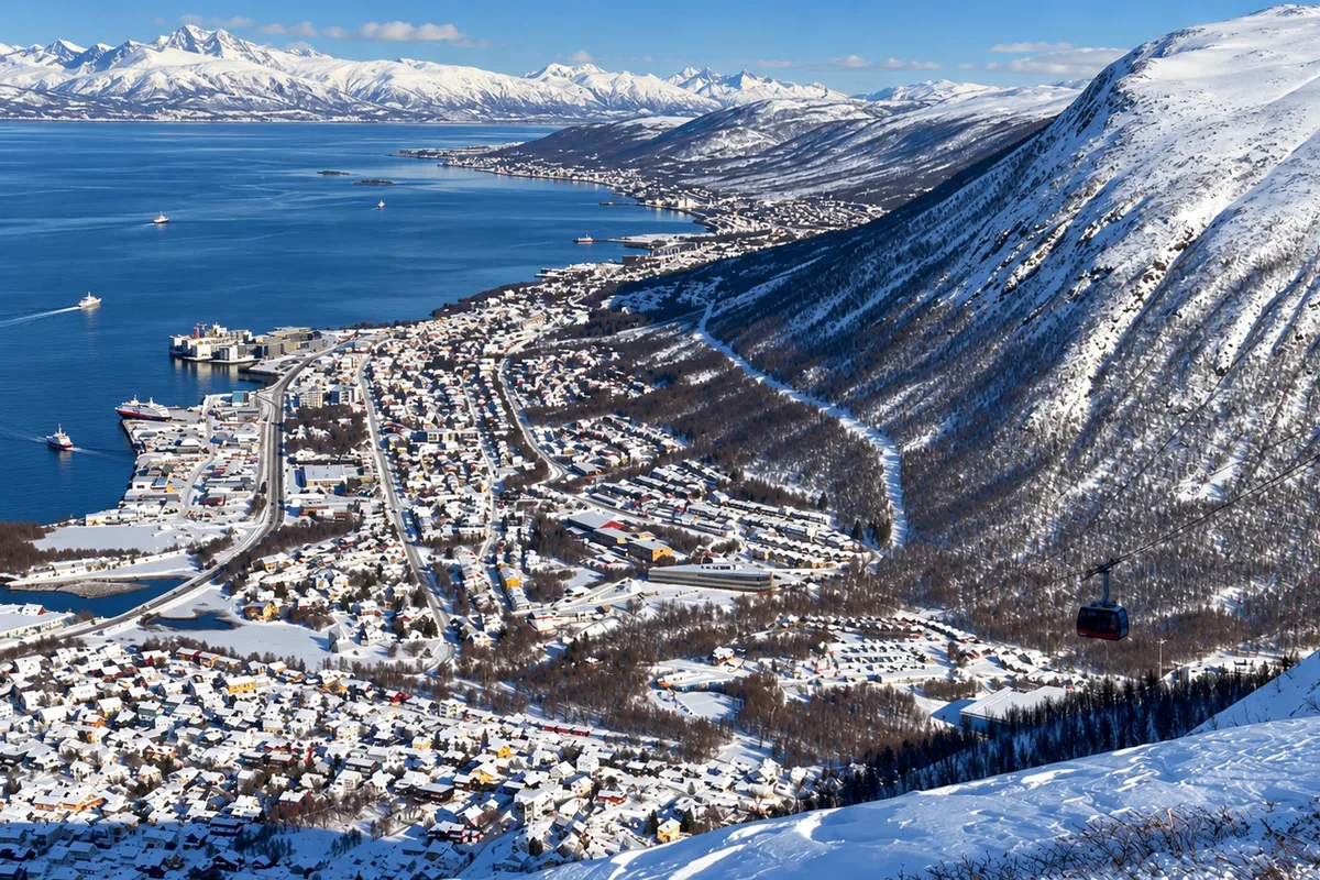 Cabina della funivia Fjellheisen sopra Tromsø innevata, con vista sul fiordo e le montagne artiche.