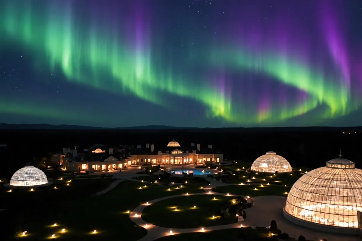 Igloo con tetto di vetro illuminati nella neve lapponese sotto un’aurora boreale verde e viola, con la foresta scura all’orizzonte