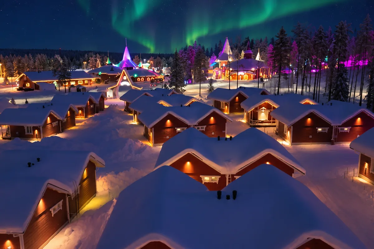Villaggio lappone innevato di notte: baite di legno con le finestre illuminate, luci colorate e aurora boreale sopra la foresta