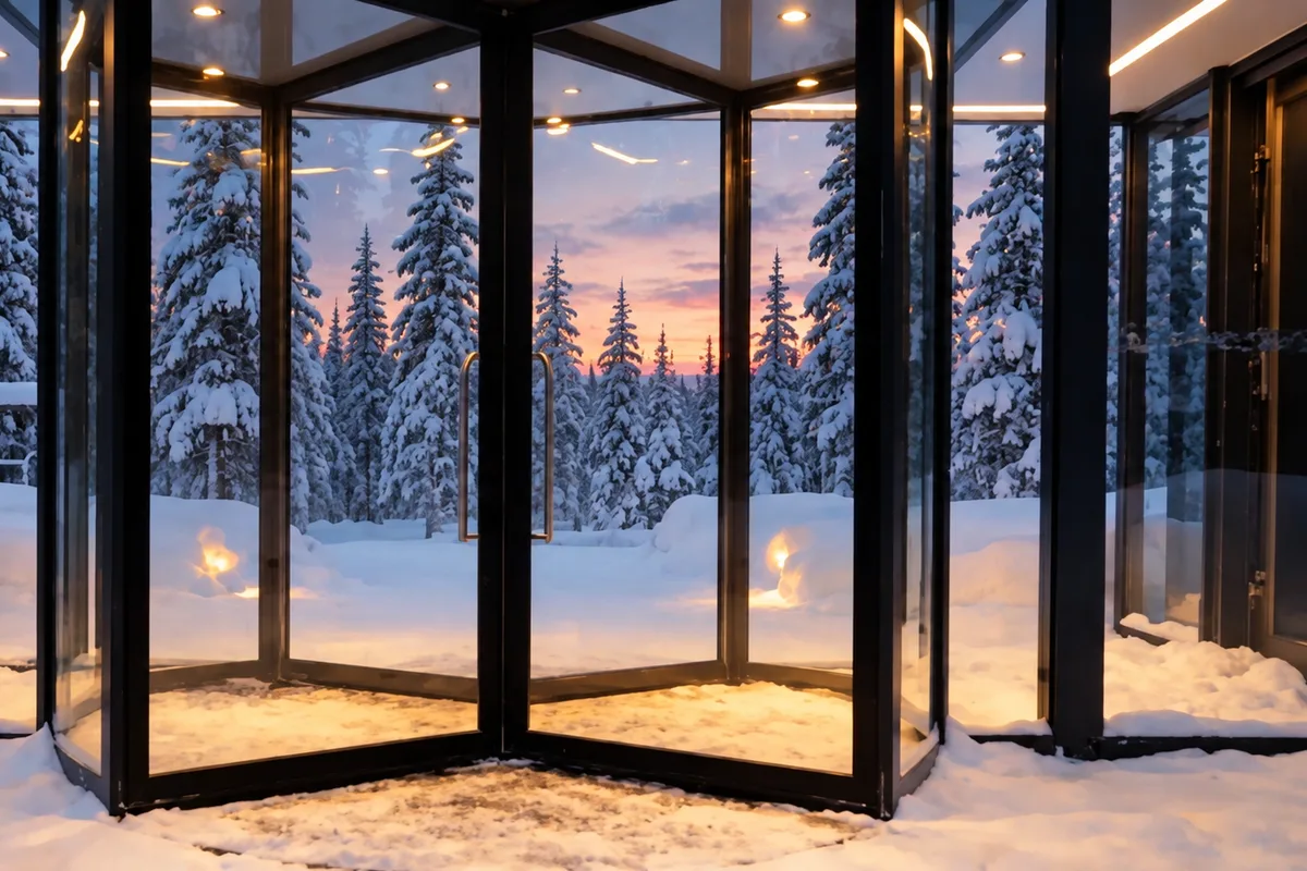 Igloo con tetto in vetro illuminato tra gli alberi innevati della Lapponia finlandese al crepuscolo