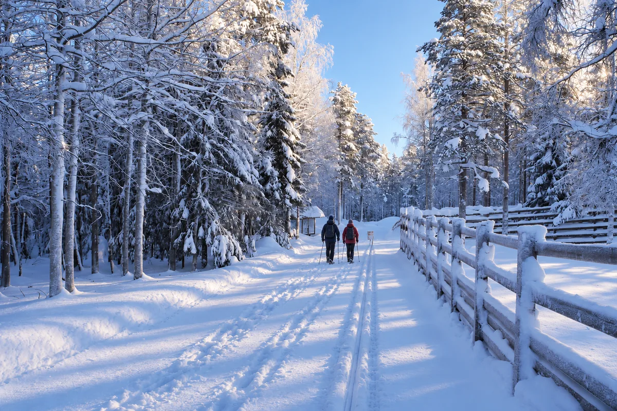 Sentiero innevato nel bosco dello zoo di Ranua con staccionata di legno e alberi coperti di neve, sotto un cielo azzurro d’inverno