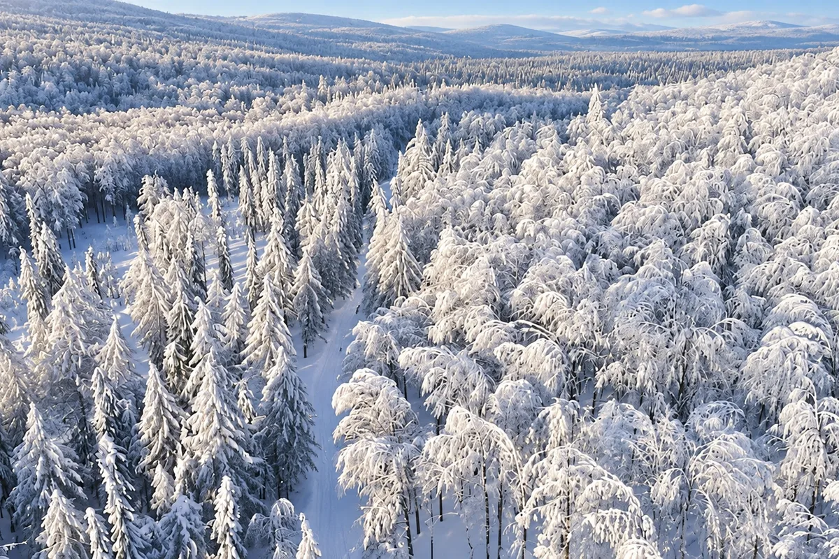 Veduta aerea del Riisitunturi in inverno: foresta di abeti coperti di neve e un sentiero stretto che si apre tra gli alberi