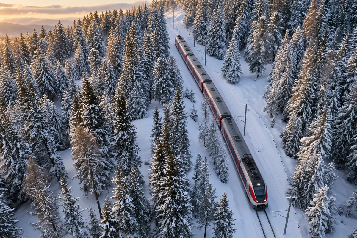 Treno passeggeri su un binario innevato che attraversa una fitta foresta di conifere cariche di neve d’inverno